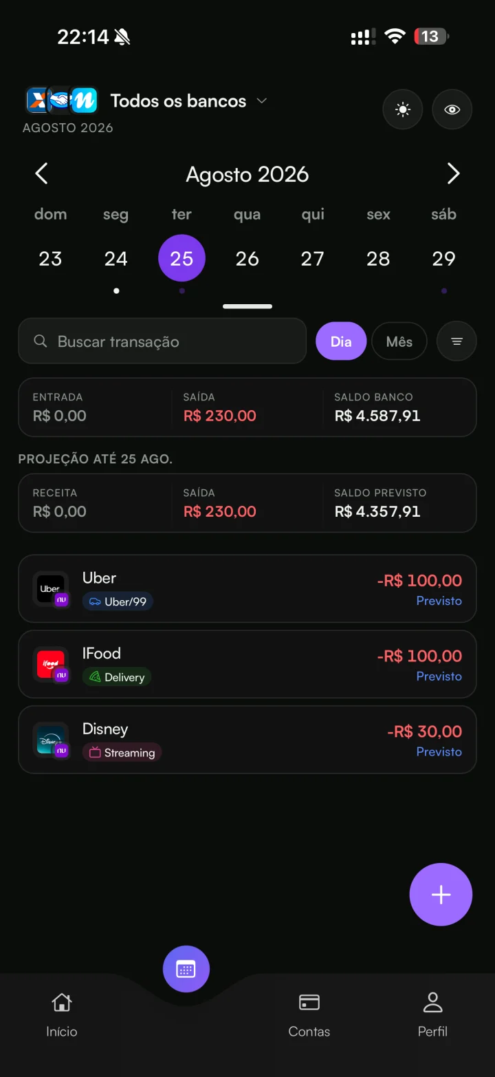 Calendário do Calen com o saldo previsto e as contas previstas do mês