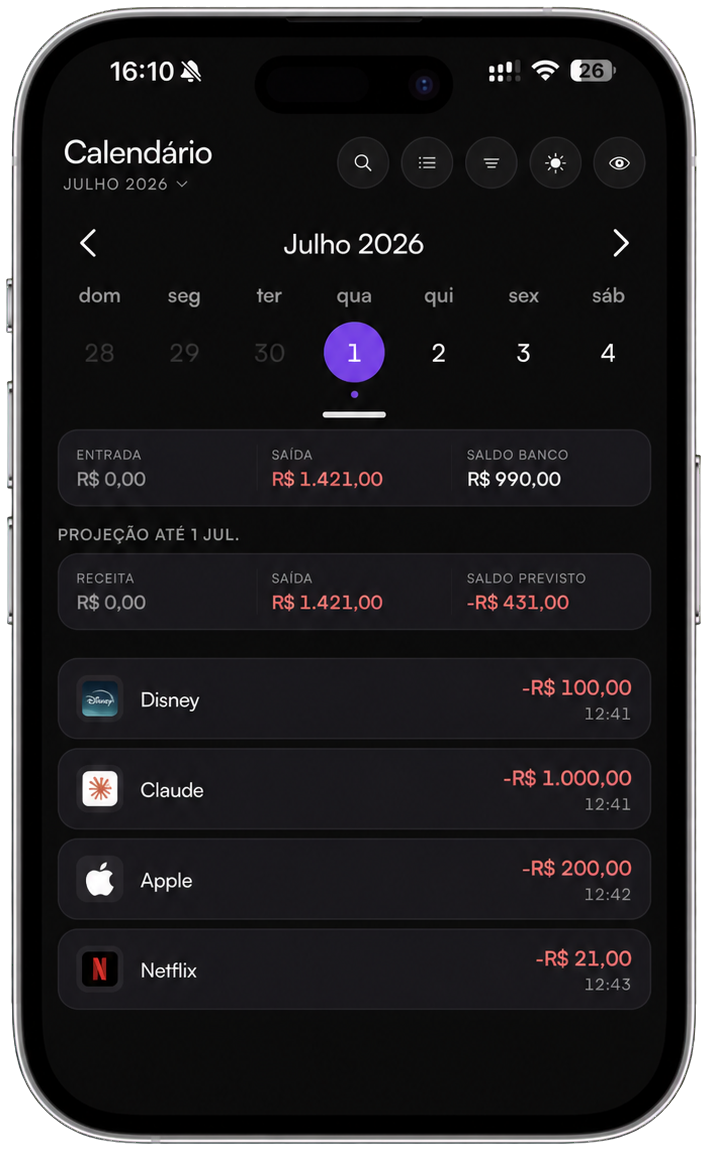 Calendário do Calen mostrando saldo previsto e despesas futuras